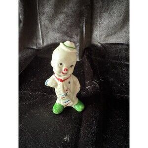 vintage porcelain clown figurine With Striped Tie And Green Shoes, 3” Tall